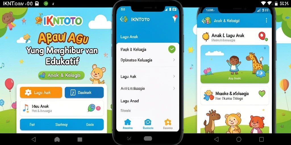 Tampilan antarmuka aplikasi IKNTOTO dengan berbagai lagu anak yang ceria.